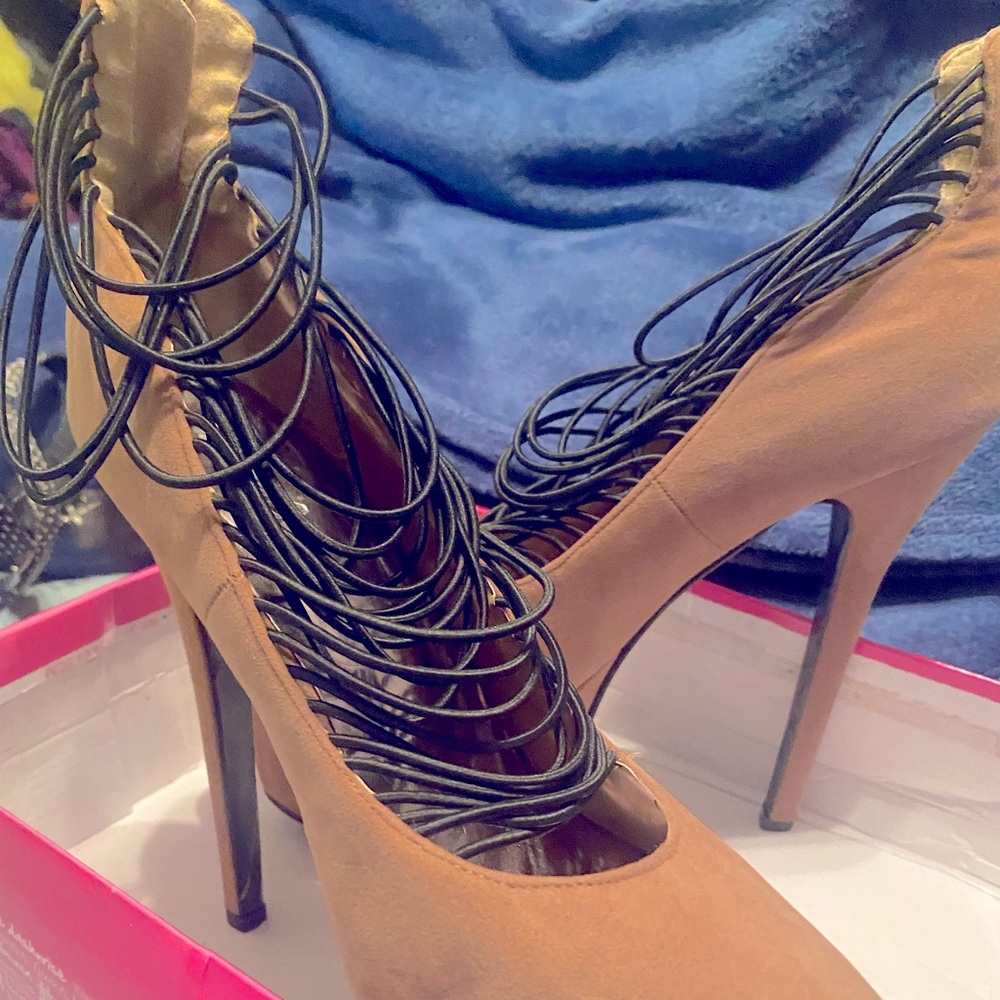 Tan 6 inch strappy heels